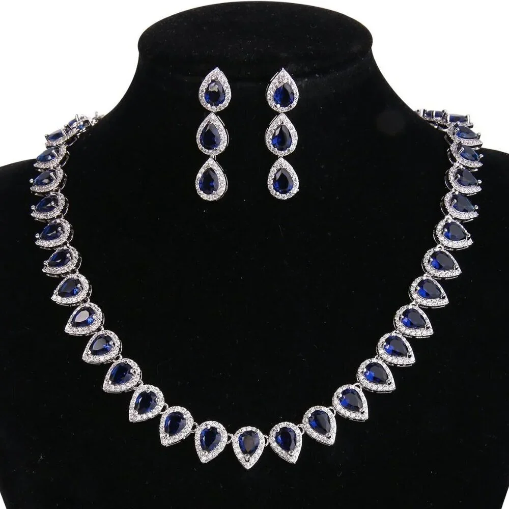 Women's Silver-Tone Cubic Zirconia Bridal Necklace Earrings Set 42cm